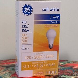 GE Soft White - 3 Way - Security Light Bulb - 20/135/155 Watts - A21 - not Led